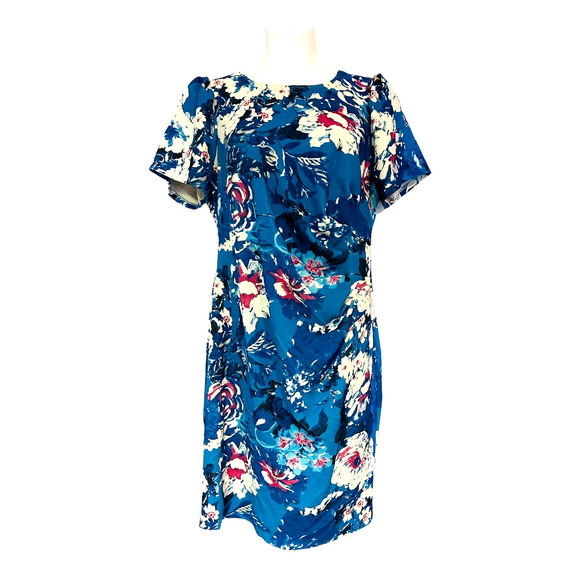 ⭐️Adrianna Papell Crepe Textured Knit Blue Floral Office Church Brunch Dress - Picture 2 of 16